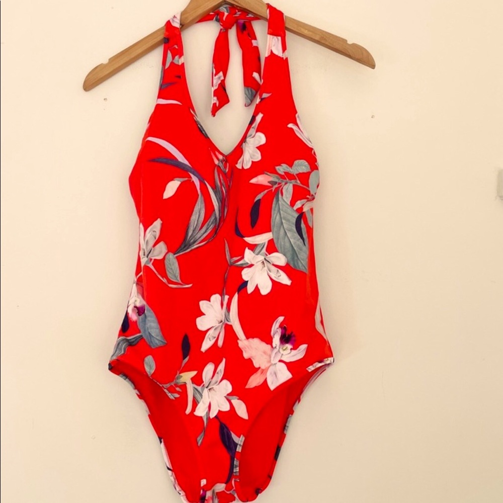 Athlete Waimea Halter One Piece Bathing Suit - Red FlorL Print